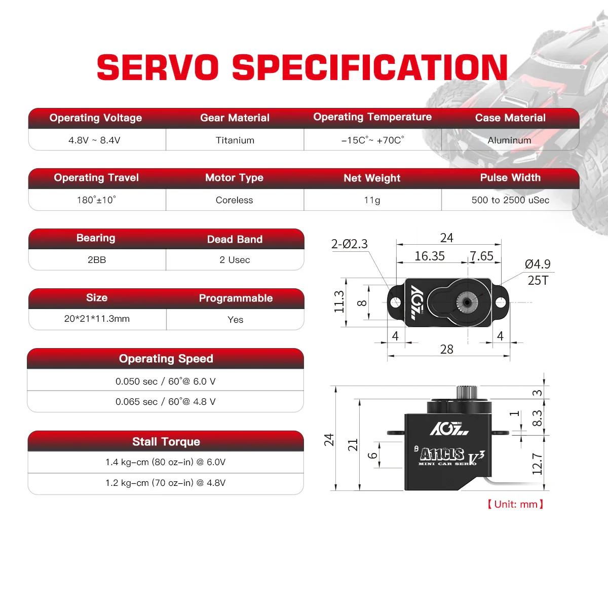 AGFRC A11CLS V3 – микро цифровой серво 1.4KG coreless, программируемый для Mini Z 1/28–1/18 AGFRC A11CLS V3 – микро цифровой серво 1.4KG coreless, программируемый для Mini Z 1/28–1/18