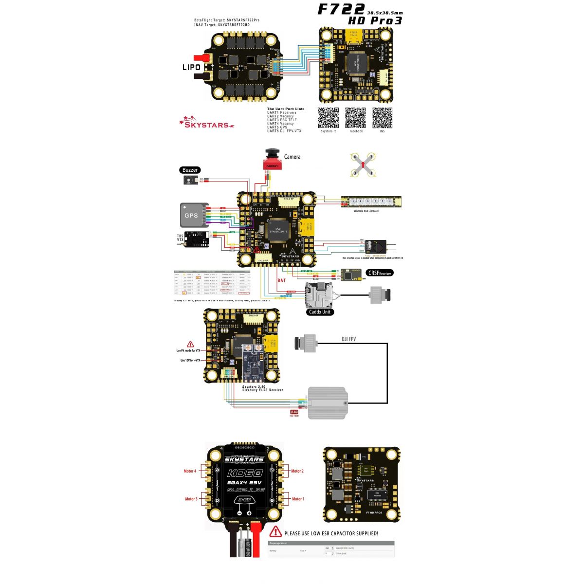 Стек Skystars F7 F722HD PRO3 OSD KO45/KO60 45A/60A 128K Blheli_32 3-6S ESC 30.5мм FPV дрон Стек Skystars F7 F722HD PRO3 OSD KO45/KO60 45A/60A 128K Blheli_32 3-6S ESC 30.5мм FPV дрон