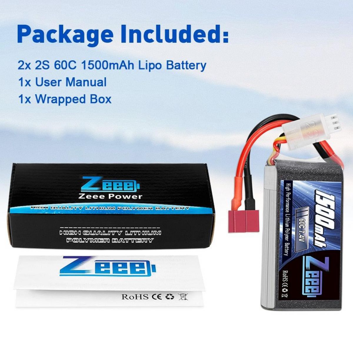 2 шт. Zeee LiPo 2S 7.4В 60C 1500мАч с разъемом Deans для FPV, дрона, лодки, авто, RC хобби 2 шт. Zeee LiPo 2S 7.4В 60C 1500мАч с разъемом Deans для FPV, дрона, лодки, авто, RC хобби
