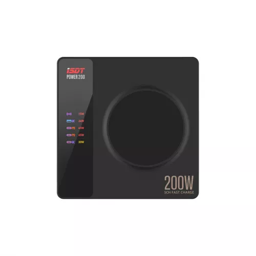 ISDT Power 200 — умное зарядное устройство 200Вт, 4×USB, 1×беспроводная, LCD, 65Вт макс.