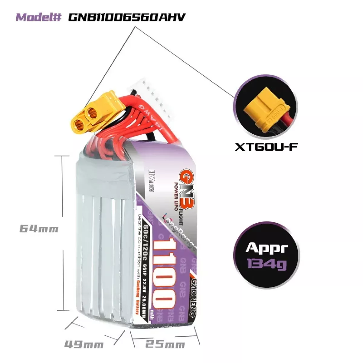 Аккумулятор GaoNeng GNB 6S HV 22.8V 1100mAh 60C/120C LiPo для гоночных FPV квадрокоптеров Аккумулятор GaoNeng GNB 6S HV 22.8V 1100mAh 60C/120C LiPo для гоночных FPV квадрокоптеров