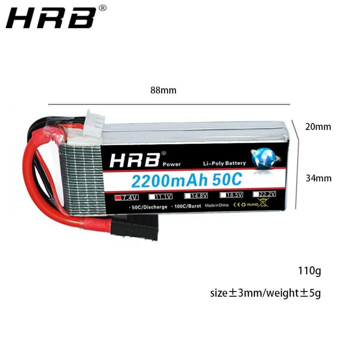 HRB 2S LiPo аккумулятор 7.4В 2200мАч 50C для RC машин, дронов, самолетов, грузовиков HRB 2S LiPo аккумулятор 7.4В 2200мАч 50C для RC машин, дронов, самолетов, грузовиков