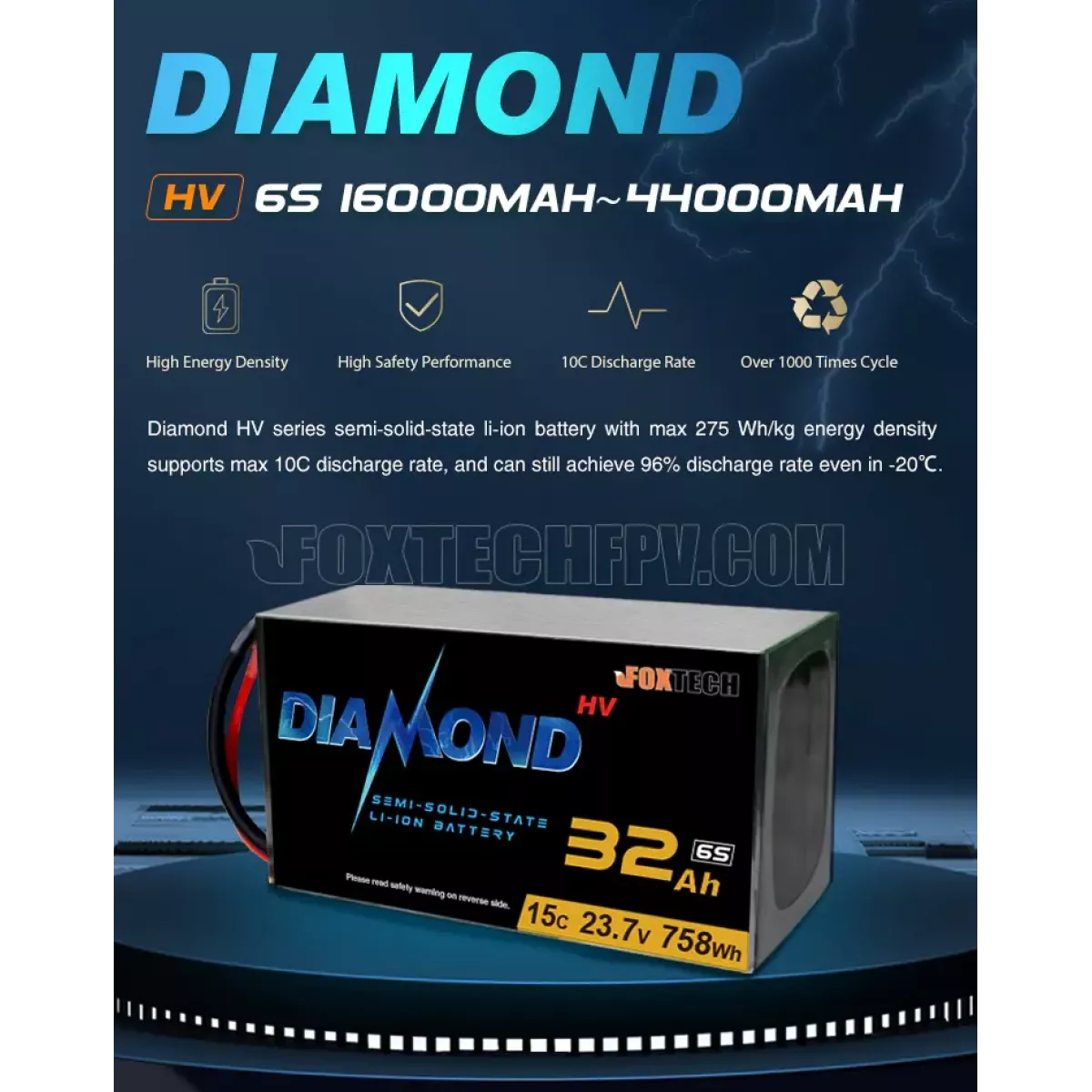 Аккумулятор Diamond 6S HV 23.7В Li-ion, полу-твердотельный, 275Втч/кг, 16000–44000мАч для БПЛА Аккумулятор Diamond 6S HV 23.7В Li-ion, полу-твердотельный, 275Втч/кг, 16000–44000мАч для БПЛА