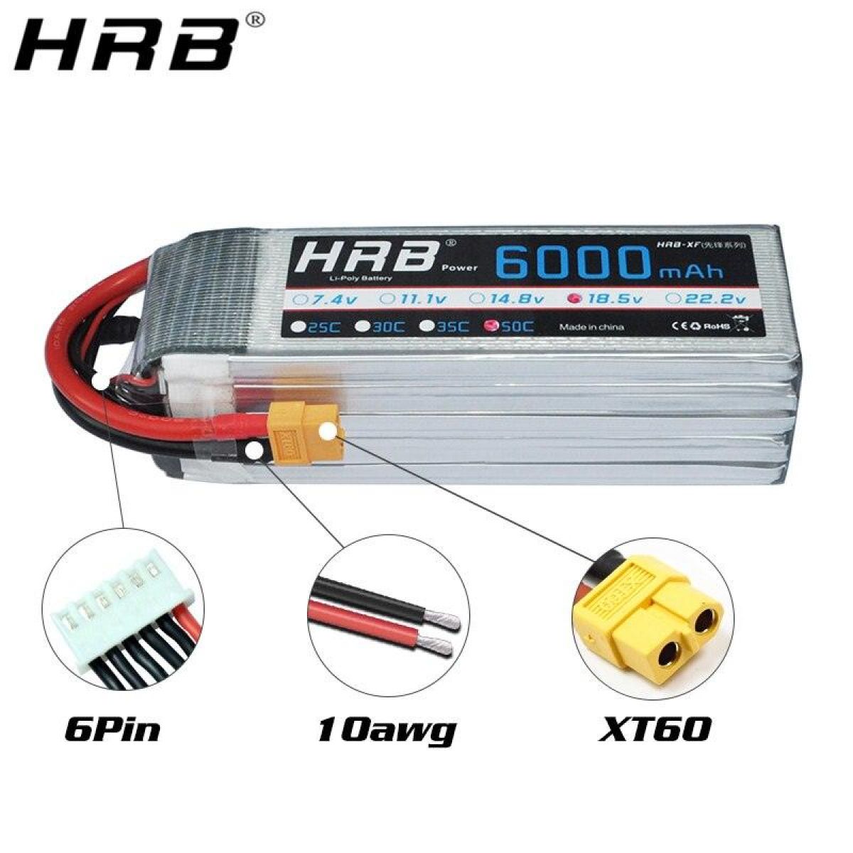 HRB Lipo 5S 18.5В 6000мАч 50C XT60 Deans T XT90 EC5 XT90-S AS150 для RC вертолётов, самолётов, FPV, авто HRB Lipo 5S 18.5В 6000мАч 50C XT60 Deans T XT90 EC5 XT90-S AS150 для RC вертолётов, самолётов, FPV, авто