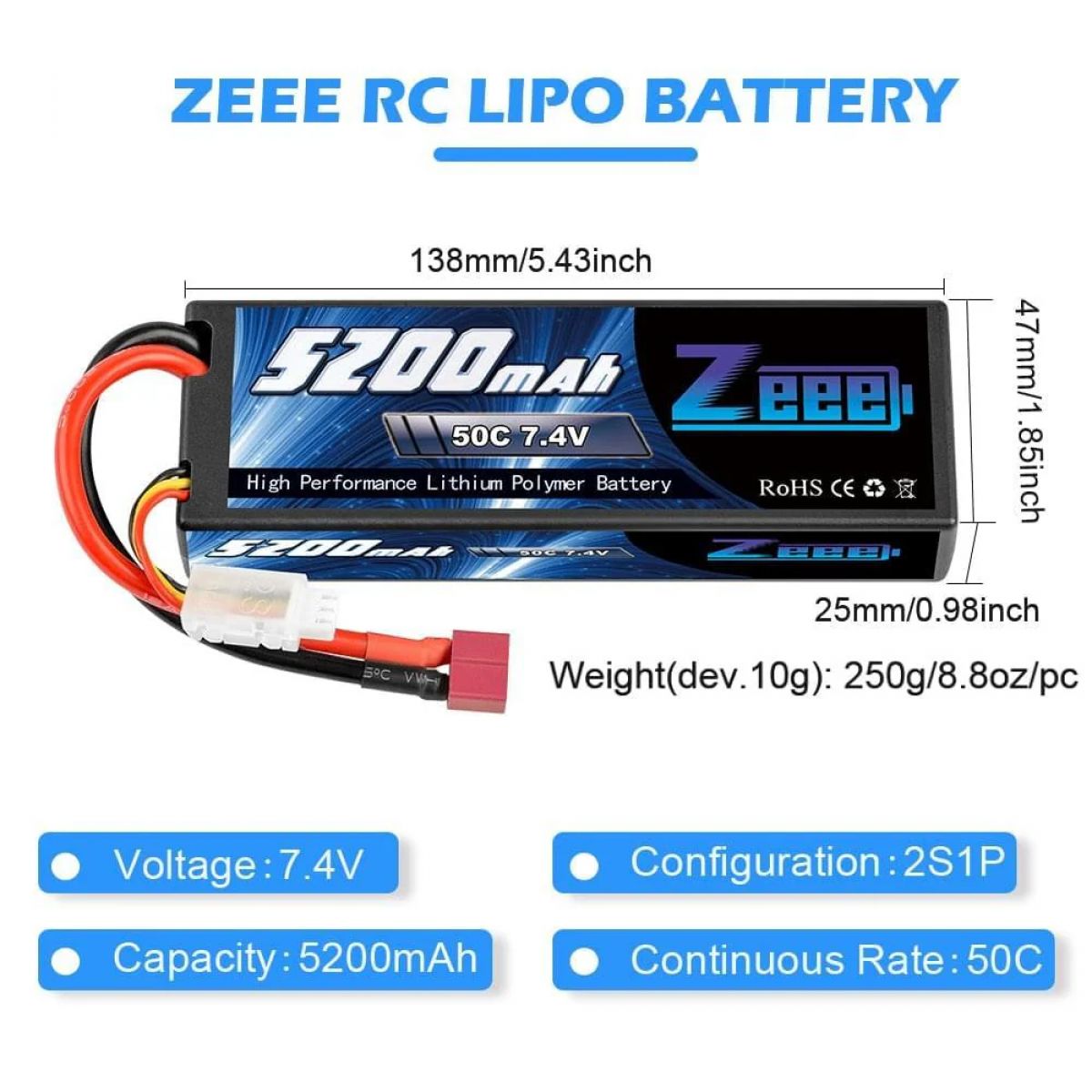 Аккумулятор Zeee 5200mAh 7.4V 50C 2S LiPo с T-разъёмом для RC машин, дронов, лодок, вертолётов Аккумулятор Zeee 5200mAh 7.4V 50C 2S LiPo с T-разъёмом для RC машин, дронов, лодок, вертолётов