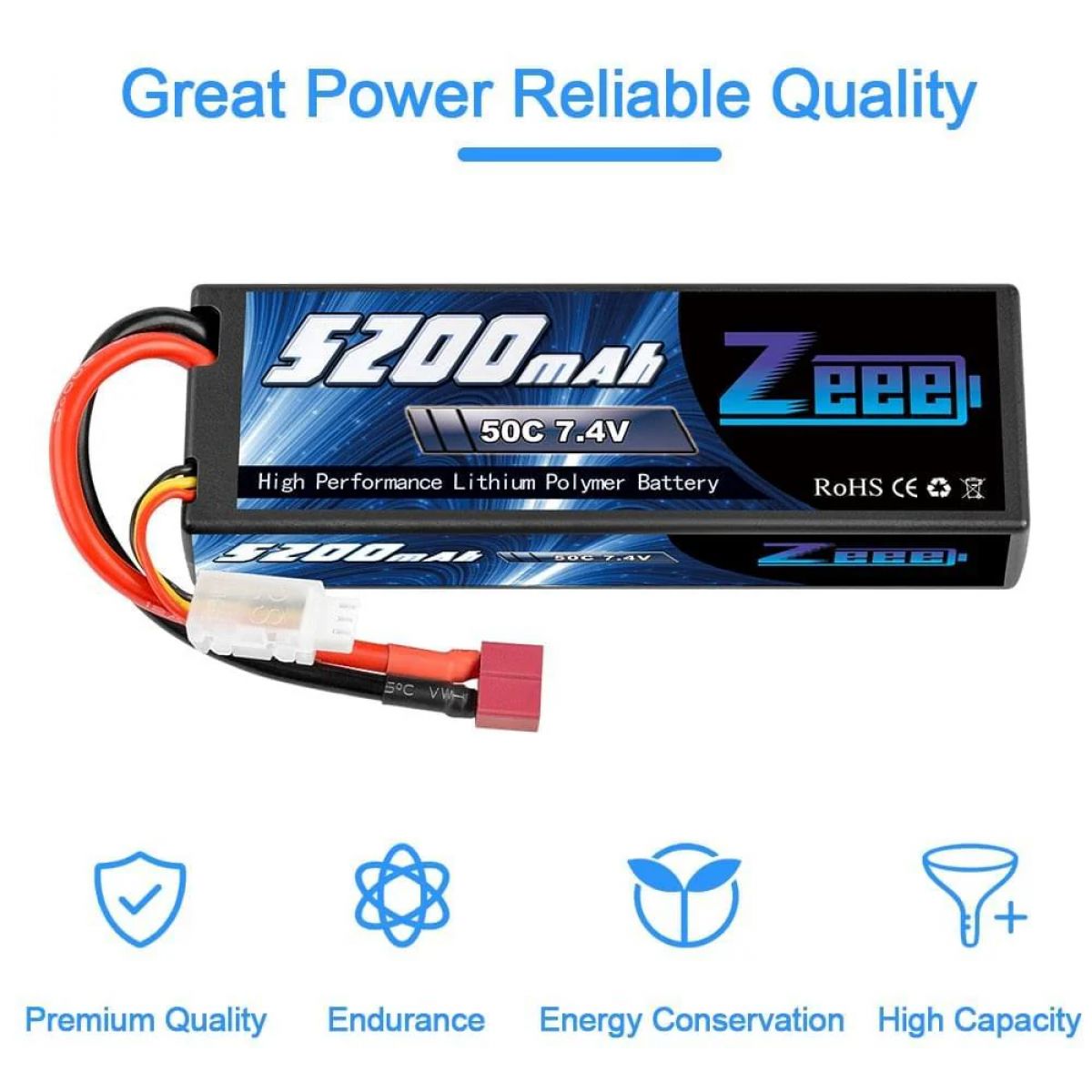 Аккумулятор Zeee 5200mAh 7.4V 50C 2S LiPo с T-разъёмом для RC машин, дронов, лодок, вертолётов Аккумулятор Zeee 5200mAh 7.4V 50C 2S LiPo с T-разъёмом для RC машин, дронов, лодок, вертолётов