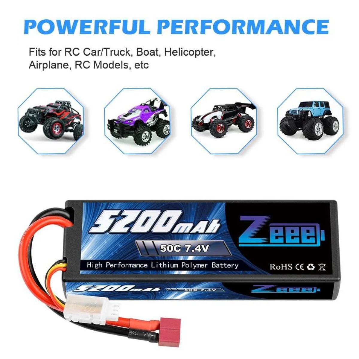 Аккумулятор Zeee 5200mAh 7.4V 50C 2S LiPo с T-разъёмом для RC машин, дронов, лодок, вертолётов Аккумулятор Zeee 5200mAh 7.4V 50C 2S LiPo с T-разъёмом для RC машин, дронов, лодок, вертолётов