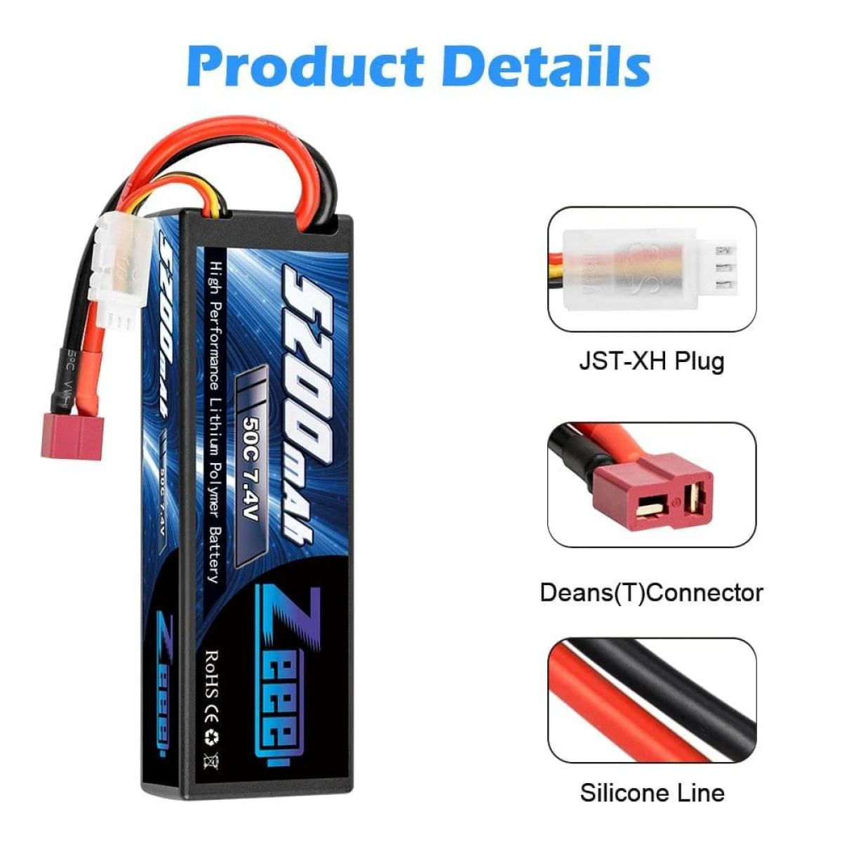 Аккумулятор Zeee 5200mAh 7.4V 50C 2S LiPo с T-разъёмом для RC машин, дронов, лодок, вертолётов Аккумулятор Zeee 5200mAh 7.4V 50C 2S LiPo с T-разъёмом для RC машин, дронов, лодок, вертолётов