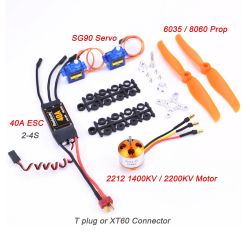 Бесколлекторный мотор A2212 1400KV/2200KV, ESC 40A, пропеллер 6035/8060, SG90 9G серво для RC самолёта